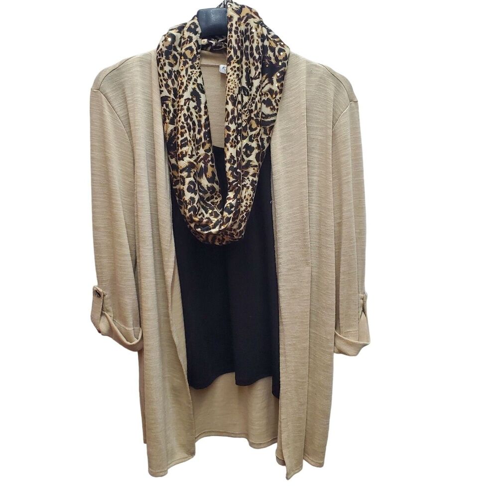 Kim Rogers Lagenlook Sweater Womens Large Black Beige Animal Print Scarf